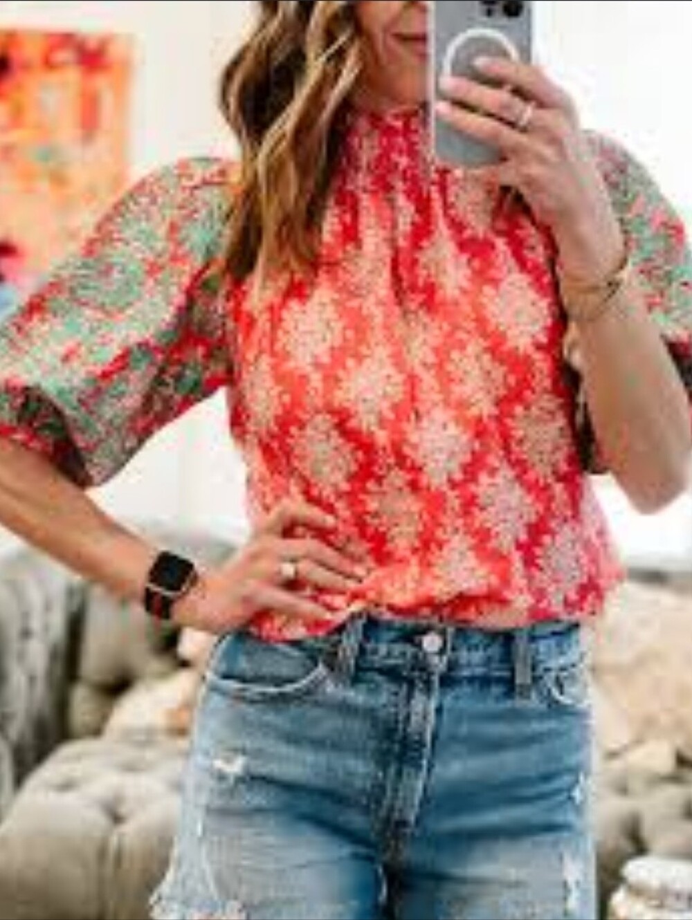 Anthropologie Puff Sleeve Embroidered Stitching Colorful Button-up Blouse Large